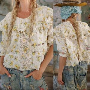 MAGNOLIA PEARL “EADRED” EYELET BLOUSE, NWT, YELLOW ROSES